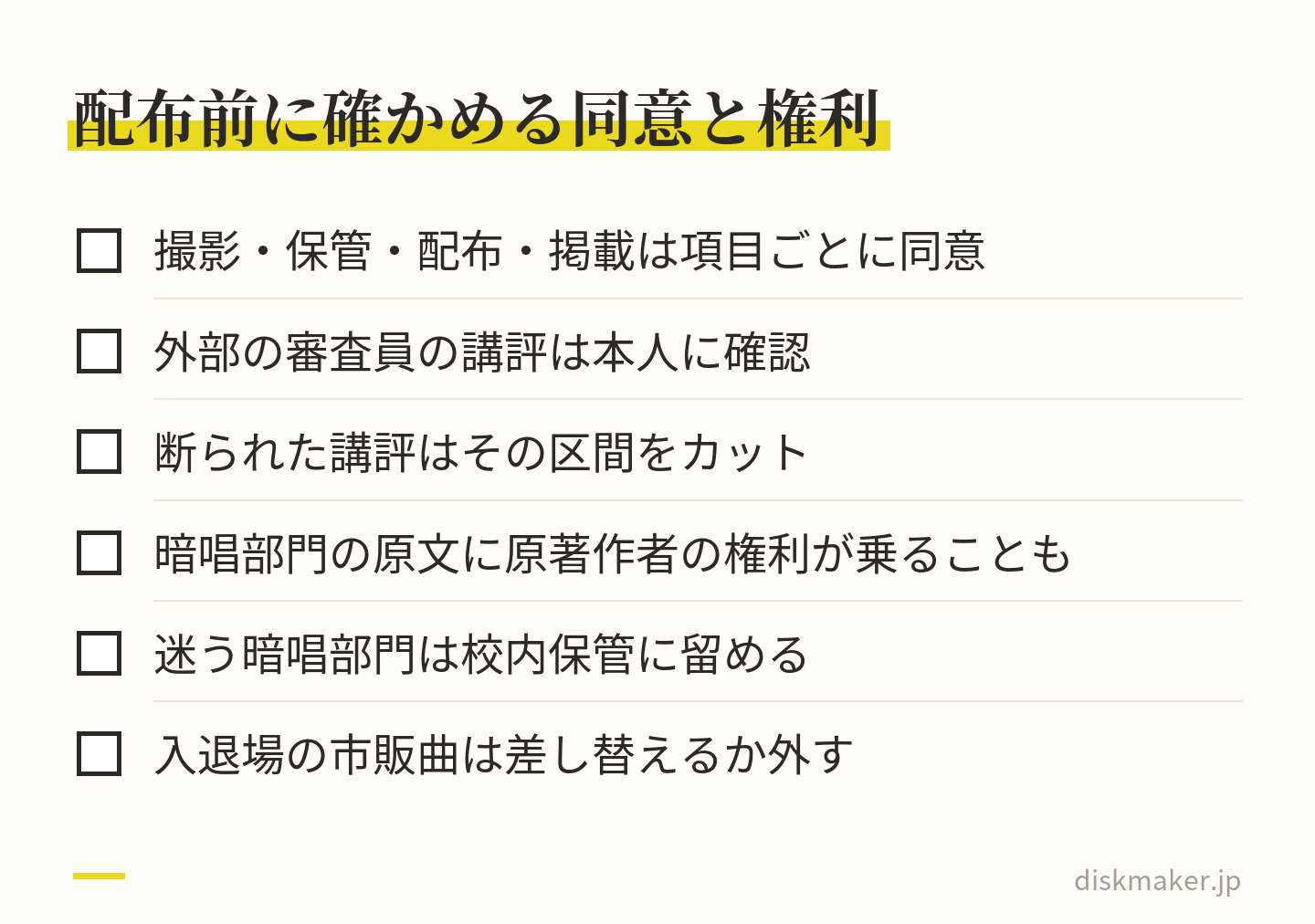 大会記録を配る前に確かめる6項目。撮影・保管・配布・掲載は項目ごとに同意を取る、外部の審査員の講評は本人に確認、断られた講評はその区間をカット、暗唱部門の原文には原著作者の権利が乗ることがある、迷う暗唱部門は校内保管に留める、入退場の市販曲は差し替えるか外す