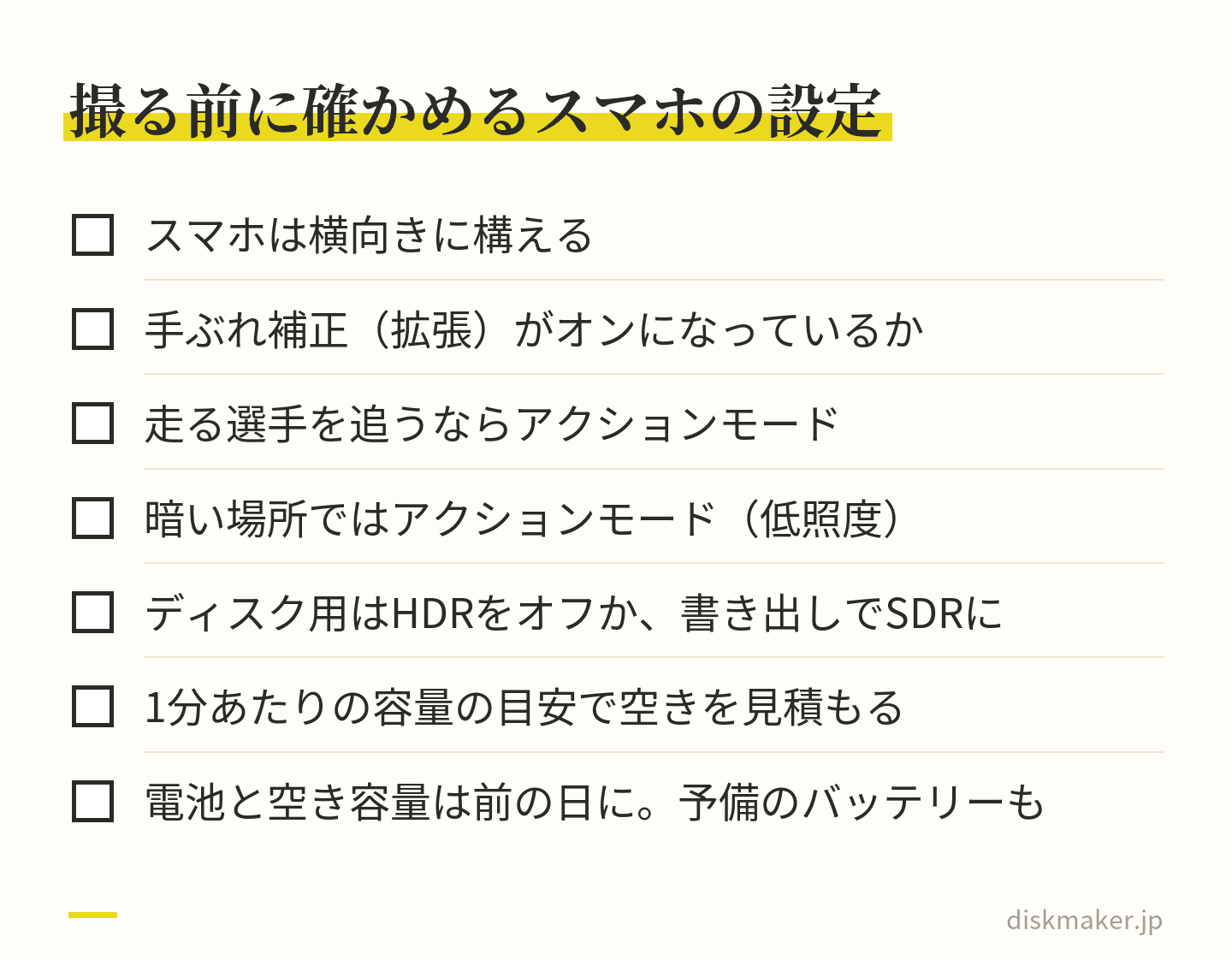 撮る前に確かめることの一覧。横向きに構える、手ぶれ補正（拡張）がオンか、走る選手を追うならアクションモード、暗い場所はアクションモード（低照度）、ディスク用はHDRをオフか書き出しでSDRに、容量の目安で空きを見積もる、電池と空き容量は前の日に確かめ予備も持つ