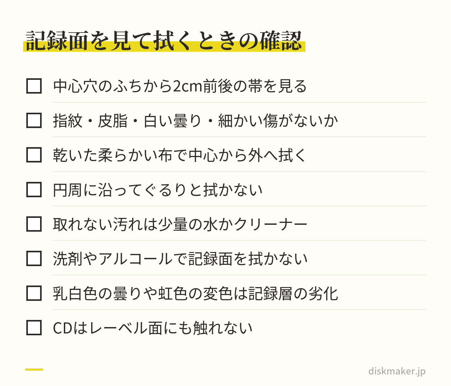 記録面を見るときと拭くときの8項目。中心穴から2cm前後の帯を見る、指紋や曇りや傷がないか、乾いた柔らかい布で中心から外へ拭く、円周に沿って拭かない、取れない汚れは少量の水かクリーナー、洗剤やアルコールは使わない、曇りや変色は記録層の劣化、CDはレーベル面にも触れない