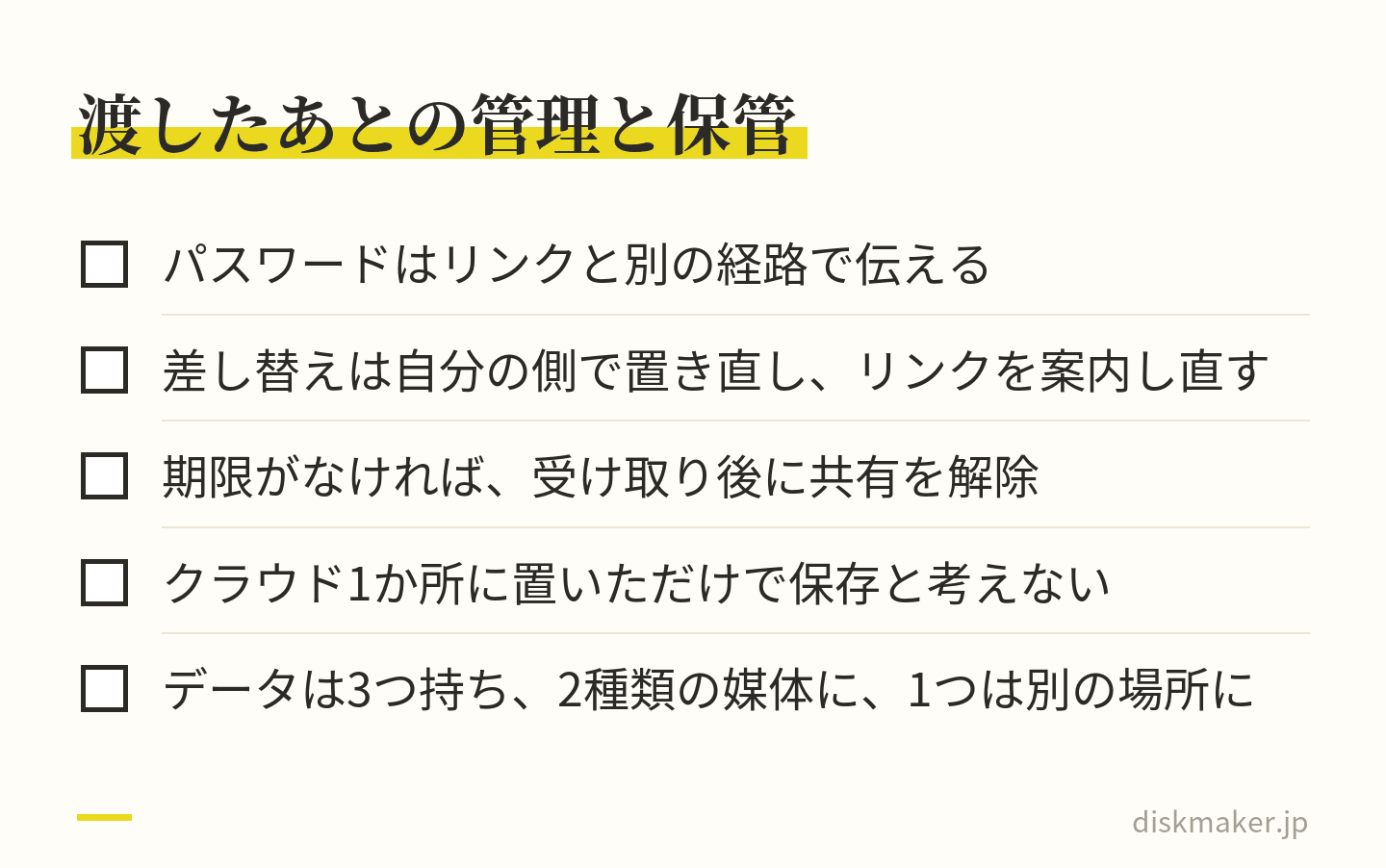 動画をリンクで渡したあとに気をつける5つの点。パスワードはリンクと別の経路で伝える、差し替えは自分の側で置き直してリンクを案内し直す、期限を設定できないなら受け取りを確認して共有を解除する、クラウド1か所を保存と考えない、データは3つ・2種類の媒体・1つは別の場所