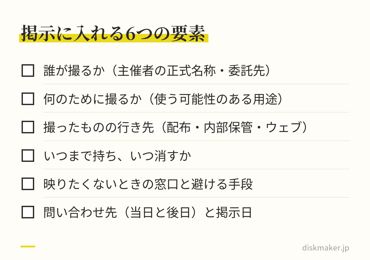 撮影の掲示文に入れる6項目。誰が撮るか（主催者の正式名称と委託先）、何のために撮るか、撮ったものの行き先、いつまで持ちいつ消すか、映りたくないときの窓口と避ける手段、当日と後日の問い合わせ先と掲示日