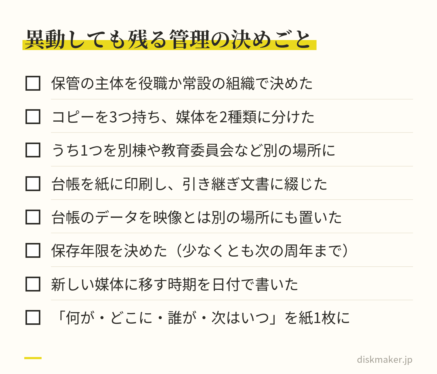 管理の確認項目。保管の主体を役職か常設の組織で決める、コピーを3つ持ち媒体を2種類に分け1つは別の場所に置く、台帳を紙で引き継ぎ文書に綴じデータは映像と別の場所に置く、保存年限と次に媒体を移す時期を決め、何が・どこに・誰が・次はいつを紙1枚に書く