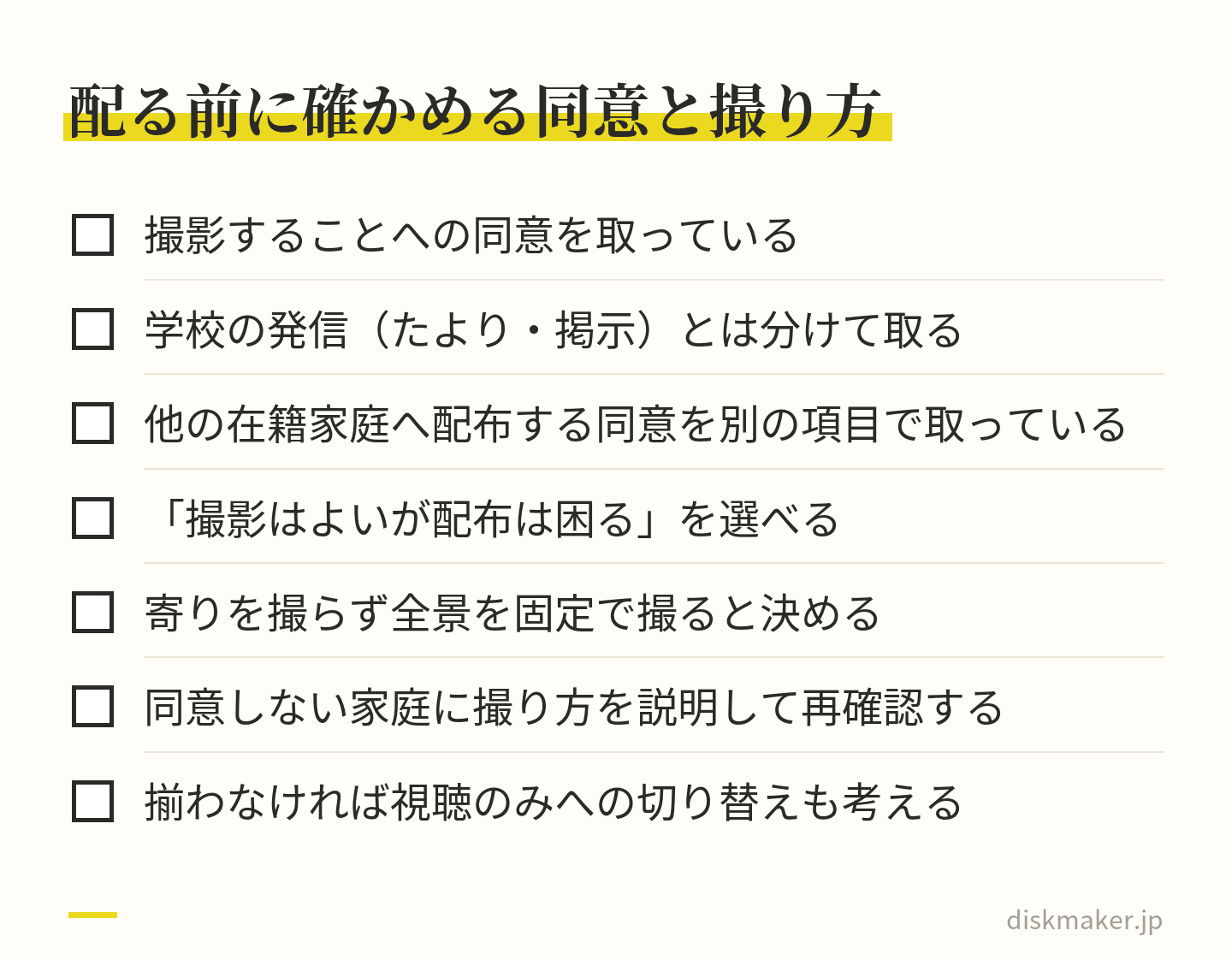 撮影への同意、学校が発信することへの同意、他の在籍家庭へ配布することへの同意を別々の項目で取り、撮影はよいが配布は困るを選べるようにする。全景を固定して寄りを撮らない撮り方を決め、同意しない家庭には説明して再確認し、揃わなければ視聴のみも考える