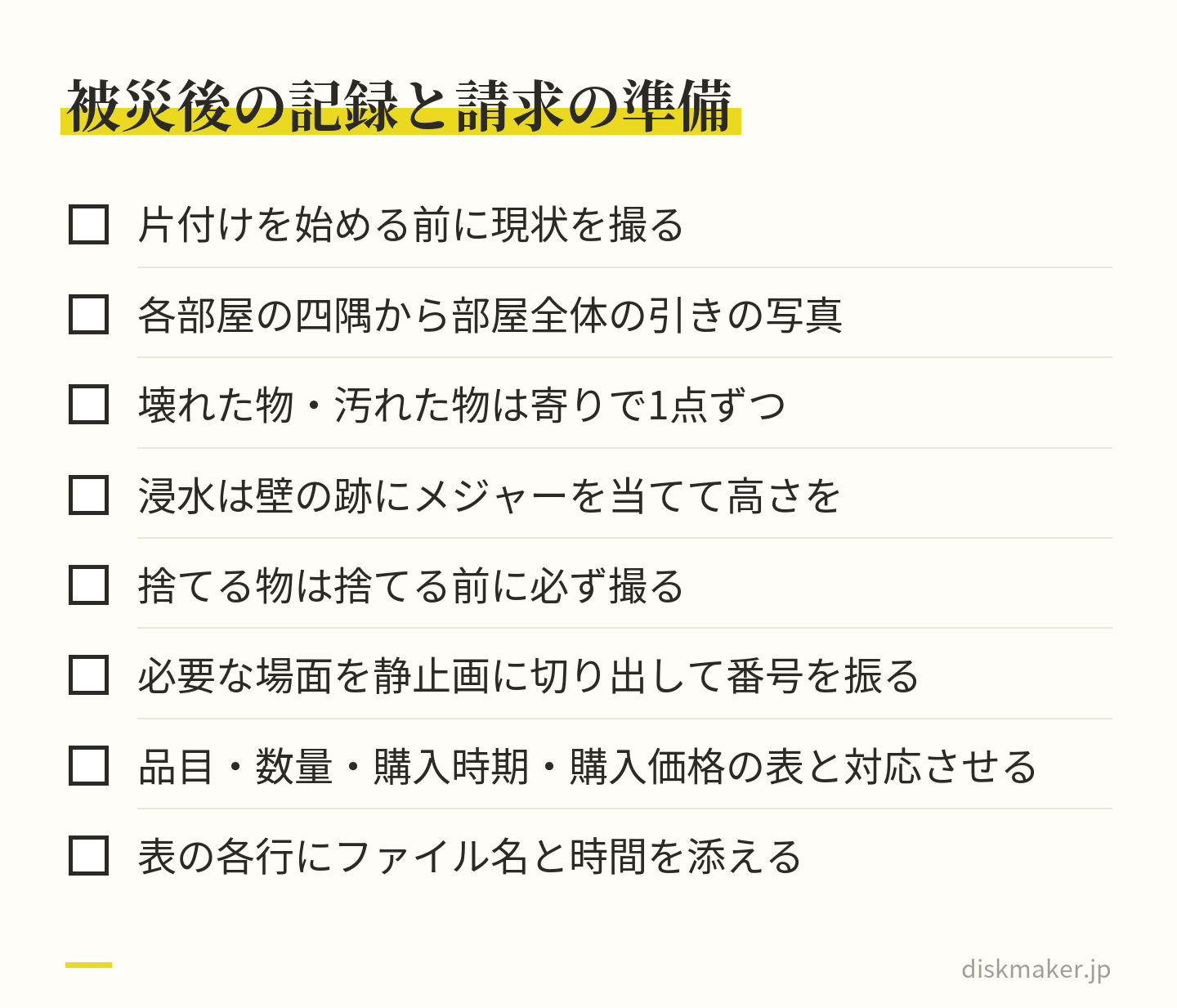 被災後の確認項目。片付けの前に現状を撮る、各部屋の四隅から引きの写真、壊れた物は寄りで1点ずつ、浸水は壁の跡にメジャーを当てる、捨てる物は捨てる前に撮る、動画から静止画を切り出して番号を振り、品目の表と対応させ、ファイル名と時間を書き添える