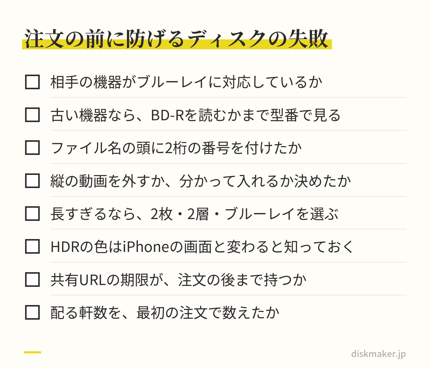 ディスクを注文する前に確かめる8項目。相手の機器がブルーレイに対応しているか、古い機器はBD-Rを読むか、ファイル名の頭の2桁の番号、縦の動画を入れるか、長さ、HDRの色の変わり方、共有URLの期限、配る軒数