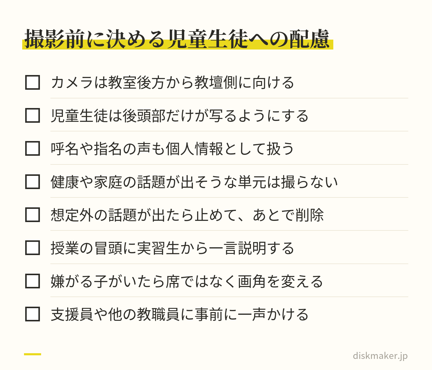 カメラを教室後方から教壇側に向ける、児童生徒は後頭部だけが写るようにする、呼名や指名の声も個人情報として扱う、健康や家庭の話題が出そうな単元は撮らない、冒頭で一言説明する、嫌がる子がいたら席ではなく画角を変える、などのチェックリスト