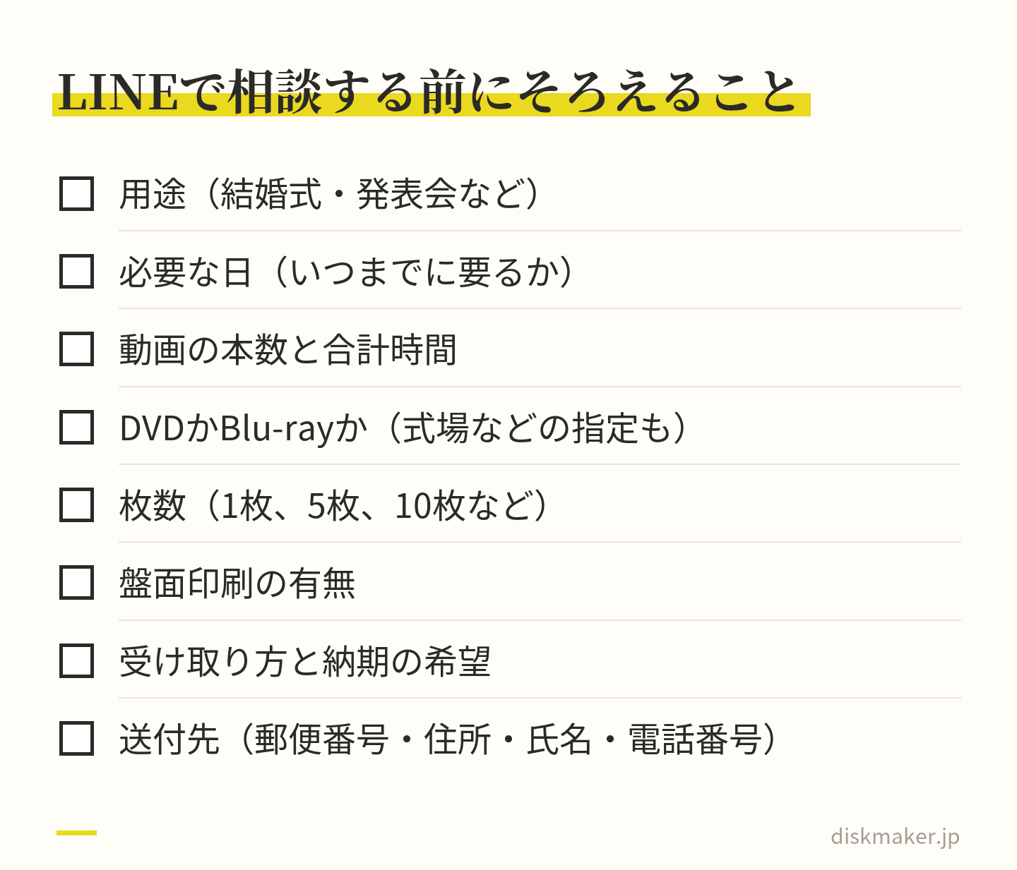 LINE注文の前にそろえておくことのチェックリスト。用途、必要な日、動画の本数と合計時間、DVDかBlu-rayか、枚数、盤面印刷の有無、受け取り方と納期の希望、送付先の郵便番号・住所・氏名・電話番号
