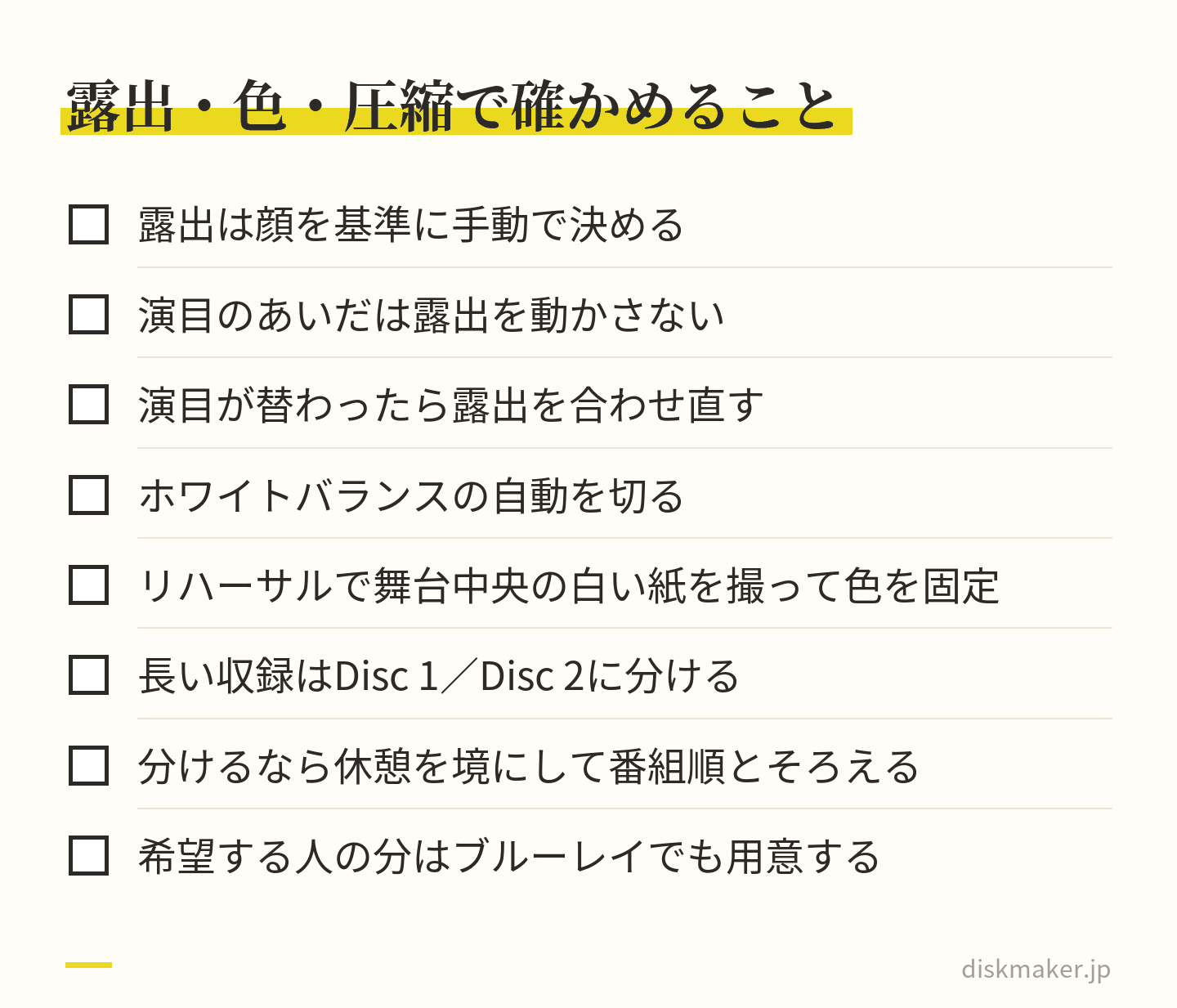 露出は顔を基準に手動で決めて演目中は動かさず、演目が替わったら合わせ直す。ホワイトバランスの自動を切り、リハーサルで白い紙を撮って固定する。長い収録は休憩を境にDisc 1とDisc 2に分け、希望者にはブルーレイも用意する