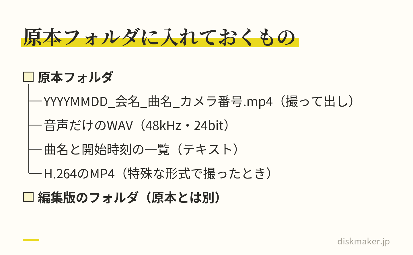 上演記録の原本フォルダの中身の例。日付・会名・曲名・カメラ番号を並べた名前の撮って出しのファイル、48kHz・24bitの音声だけのWAV、曲名と開始時刻の一覧のテキスト、特殊な形式で撮ったときのH.264のMP4を入れ、編集版は別のフォルダに分ける