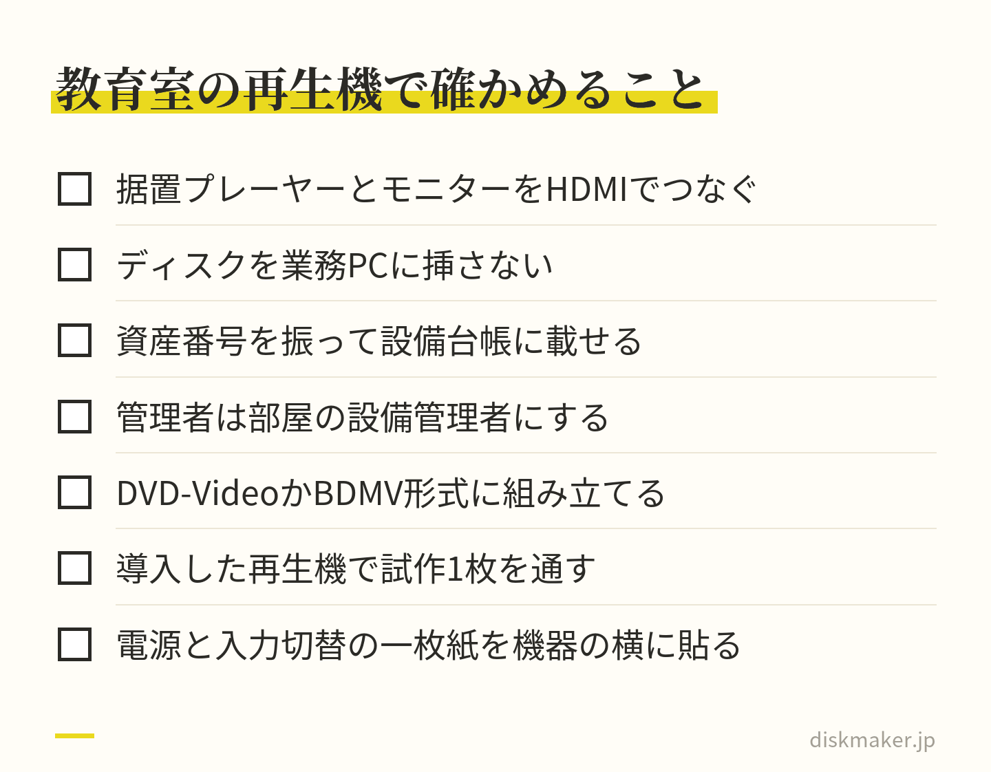 教育室に再生機を置くときの7項目。据置プレーヤーとモニターをHDMIでつなぐ、ディスクを業務PCに挿さない、資産番号を振って設備台帳に載せる、管理者は部屋の設備管理者にする、DVD-VideoかBDMV形式に組み立てる、導入した再生機で試作1枚を通す、電源と入力切替の一枚紙を貼る