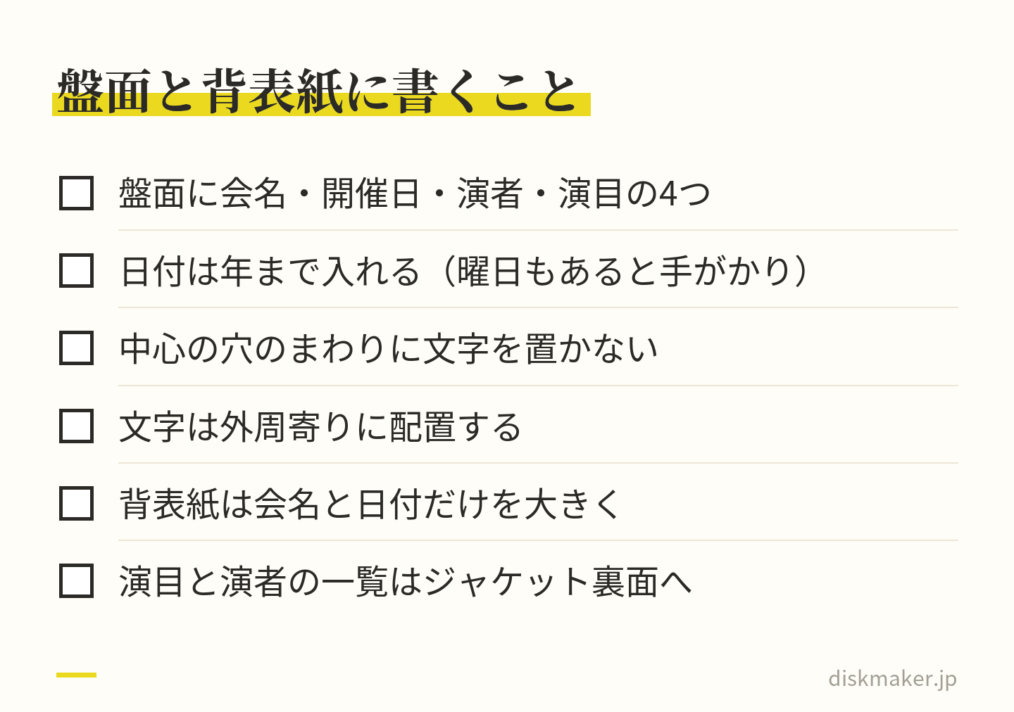 ディスクにするときの表記の確認項目。盤面に会名・開催日・演者・演目の4つを入れる、日付は年まで入れ曜日もあると手がかりになる、中心の穴のまわりに文字を置かず外周寄りに配置する、背表紙は会名と日付だけを大きく、演目と演者の一覧はジャケット裏面へ回す