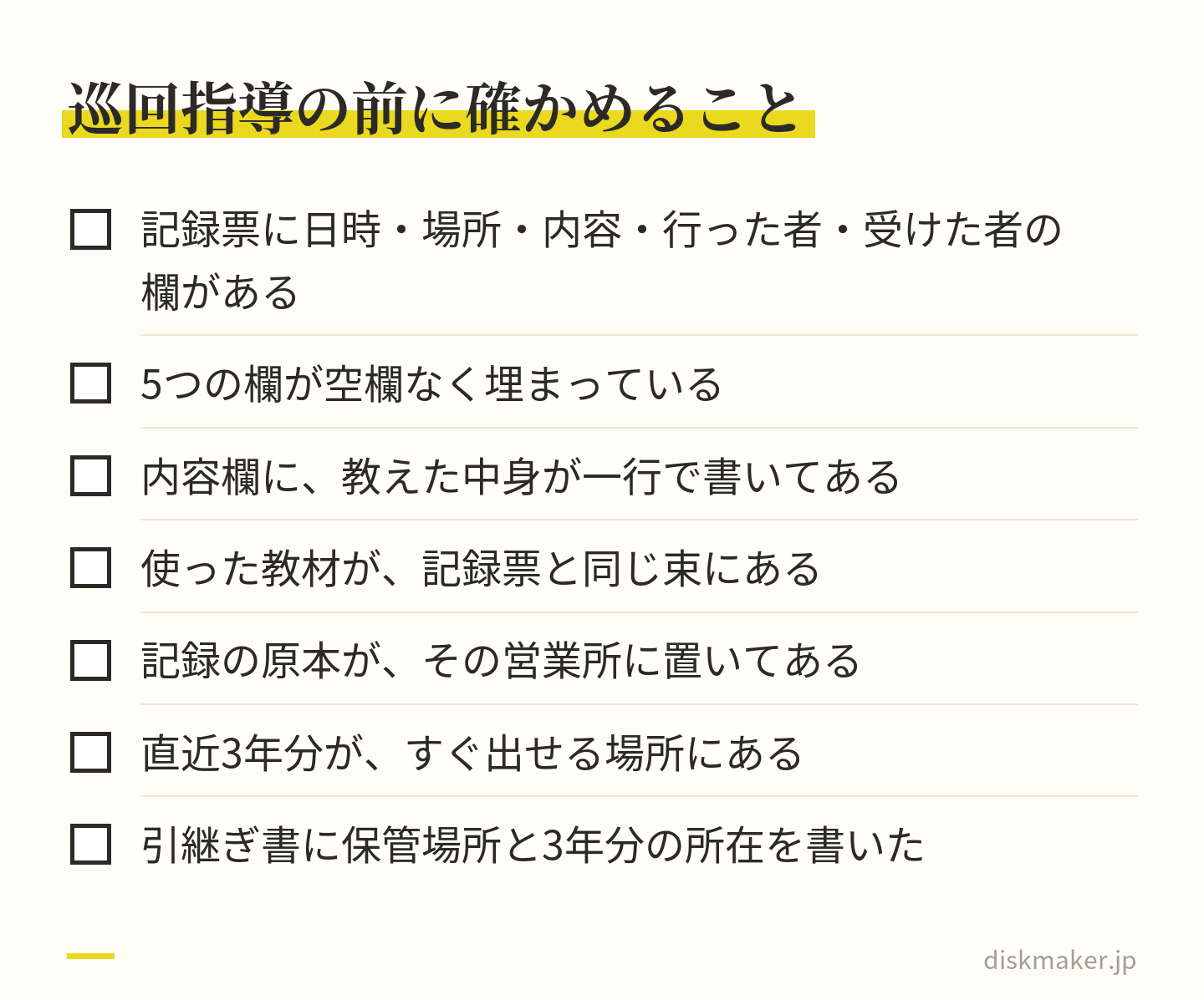安全教育の記録について巡回指導の前に確かめることの一覧。記録票に日時・場所・内容・行った者・受けた者の欄がある、5つの欄が埋まっている、内容欄に教えた中身がある、教材が同じ束にある、原本が営業所にある、直近3年分がすぐ出せる、引継ぎ書に所在を書いた
